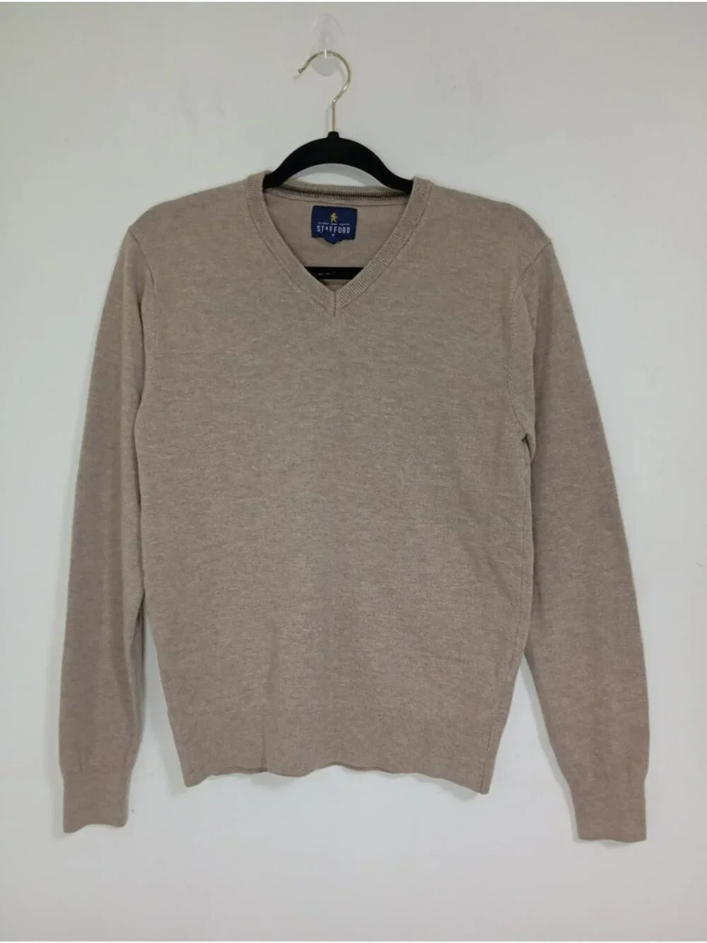 Stafford Men's Tan V-Neck Sweater Regular Fit Small Cashmere Blend